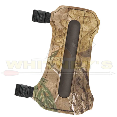 Vented vinyl armguard with three nylon rod reinforcement staves and adjustable straps. Hook and loop connectors.